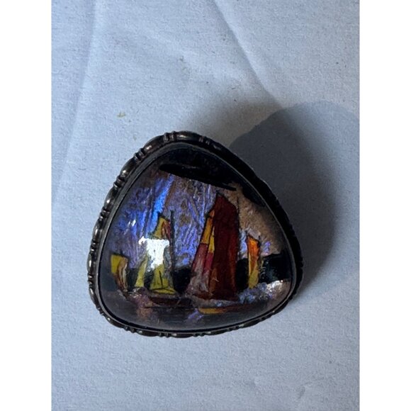 Antique Thomas Mott Morpho Butterfly Wing 1924 Nautical Boat Scene Brooch Jewelr - Picture 2 of 7